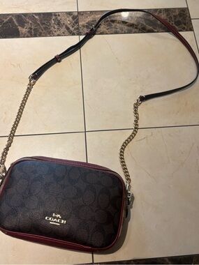 Coach Brown Signature Canvas Crossbody with Burgundy Trim